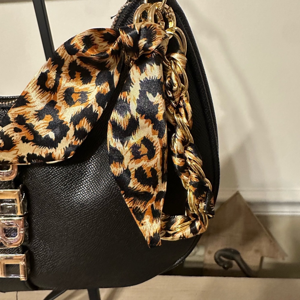 Bebe Black Shoulder Bag/tote with Leopard Scarf Detail - Picture 3 of 12
